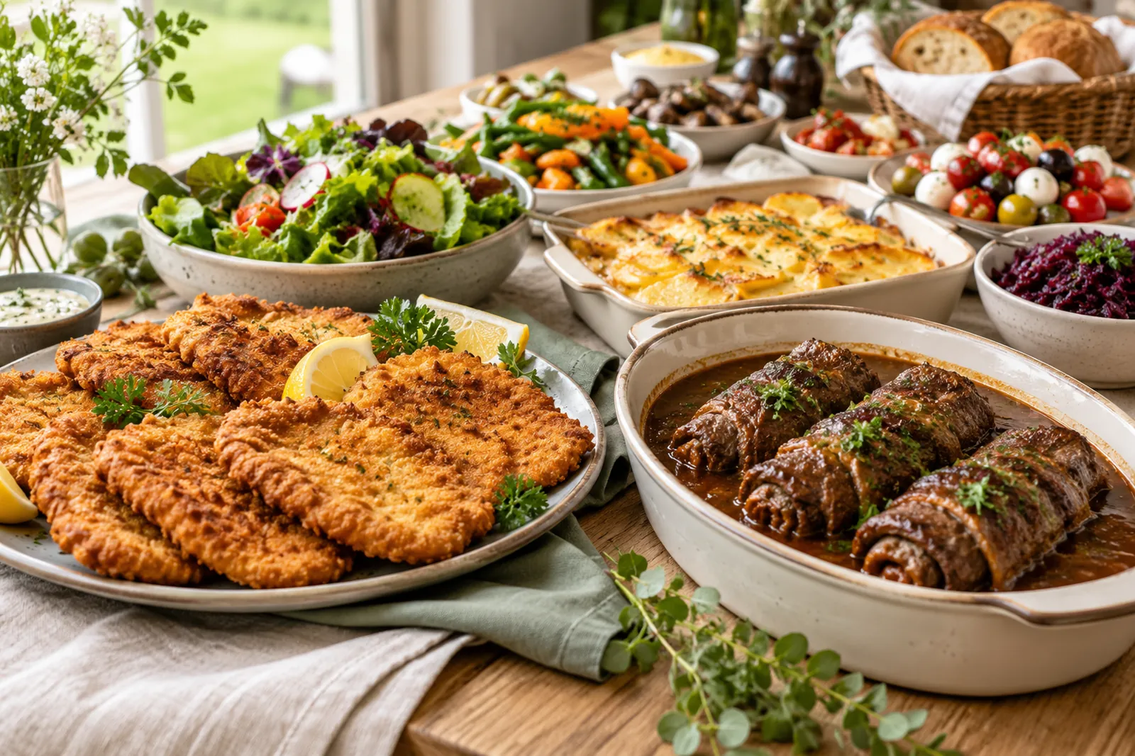 Illustratives Buffet mit herzhaften regionalen Speisen, Gemüse und Salat