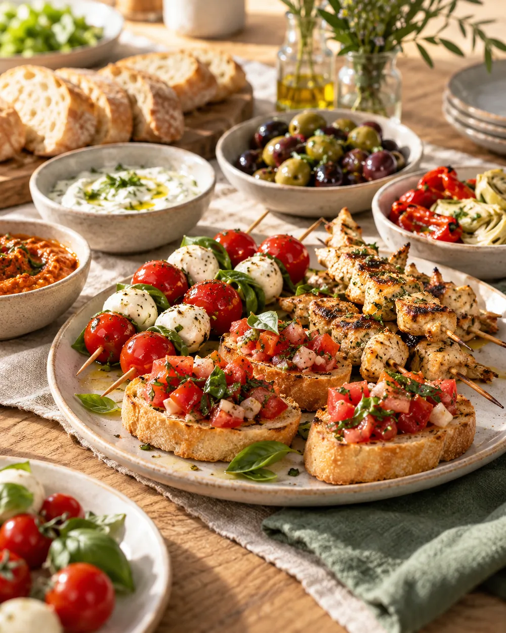 Illustratives Fingerfood mit Tomate-Mozzarella-Spießen, Bruschetta und Antipasti